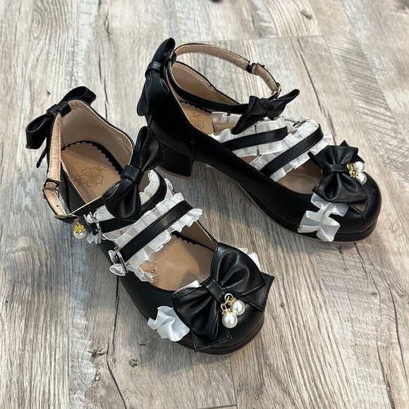 Oxfords Bow Beaded Buckle Sweet Lolita Girl Chunky Heel Round Toe Mary Jane - Picture 3 of 9